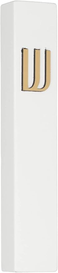 A&S Mezuzot Modern Concrete Mezuzah Case with Scroll, Easy Peel and Stick Mezuza (White+ Gold Shin, 11 Inches)