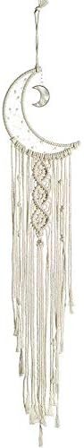 MOONFLY Dream Catcher with Handmade Moon Star Design Woven Cotton Macrame Wall Hanging Boho Home Decoration Ornament Craft Gift for Bedroom Living Room Wedding Party (White Moon)