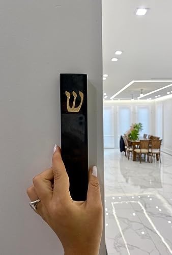A&S Mezuzot Quartz Mezuzah Case with Engraved Shin Design Easy Peel and Stick Judaica Door Mezuza (Black + GOLD, 6 Inches)