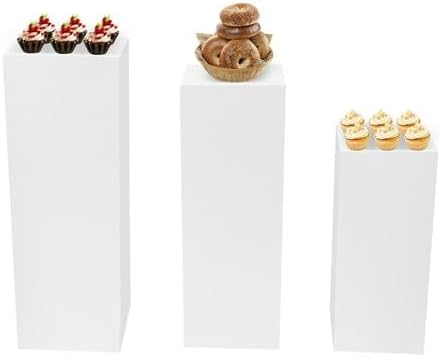3PCs Metal Pedestal Stand, White Square Pedestal Display Plinth Pillars, Wedding Pedestals Stand Flower Display Rack Decorations, Table Pillars for Birthday Baby Shower Decor Displays ﻿