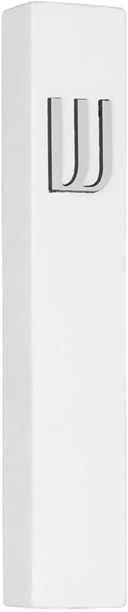 A&S Mezuzot Modern Concrete Mezuzah Case with Scroll, Easy Peel and Stick Mezuza (White+ Silver Shin, 9 Inches)