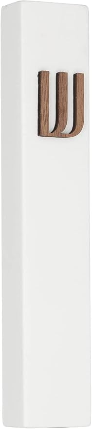 A&S Mezuzot Modern Concrete Mezuzah Case with Scroll, Easy Peel and Stick Mezuza (White+ Wood Shin, 11 Inches)