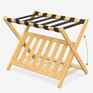 Luggage Rack for Guest Room, Wide Suitcase Stand with Storage Shelf, Folding Luggage Stand Holder for Bedroom Hotel, Bamboo Luggage Rack for Suitcases (Unassembled - 1 Pack Natural)
