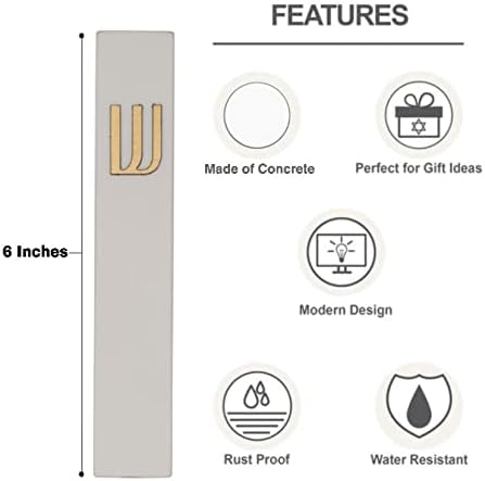 A&S Mezuzot Modern Concrete Mezuzah Case with Scroll, Easy Peel and Stick Mezuza (Grey+ Gold Shin, 7 Inches)