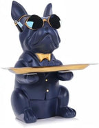 QIANLING Modern Decor Resin Navy Blue Bulldog Statue Tray - Storage Key Holder, Candy, Jewelry, Earrings - Suitable for Home, Dining Table, Office - Modern Art Small Object Tray