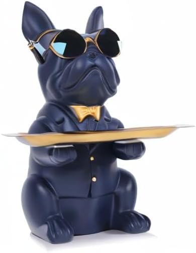 QIANLING Modern Decor Resin Navy Blue Bulldog Statue Tray - Storage Key Holder, Candy, Jewelry, Earrings - Suitable for Home, Dining Table, Office - Modern Art Small Object Tray