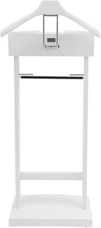 Suit Valet Stand Wood Valet Stand for Man, Wooden Clothing Valet Stand with Contour Hanger, Tray, Trouser Bar, Tie Bar and Base, Mens Valet Stand for Entryway Office Living Room (White)