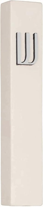 A&S Mezuzot Modern Concrete Mezuzah Case with Scroll, Easy Peel and Stick Mezuza (Ivory+ Silver Shin, 5 Inches)