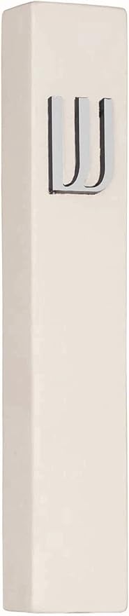A&S Mezuzot Modern Concrete Mezuzah Case with Scroll, Easy Peel and Stick Mezuza (Ivory+ Silver Shin, 11 Inches)