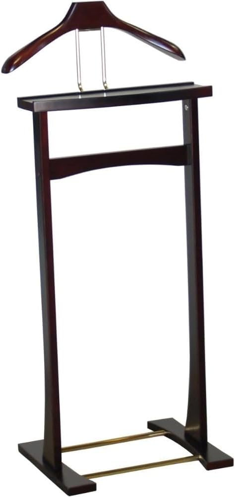 Wooden Suit Valet Stand with Top Tray Contour Hanger Trouser Bar and Shoe Rack Classic Freestanding Clothing Organizer for Bedroom Closet Entryway, Dark Mahogany