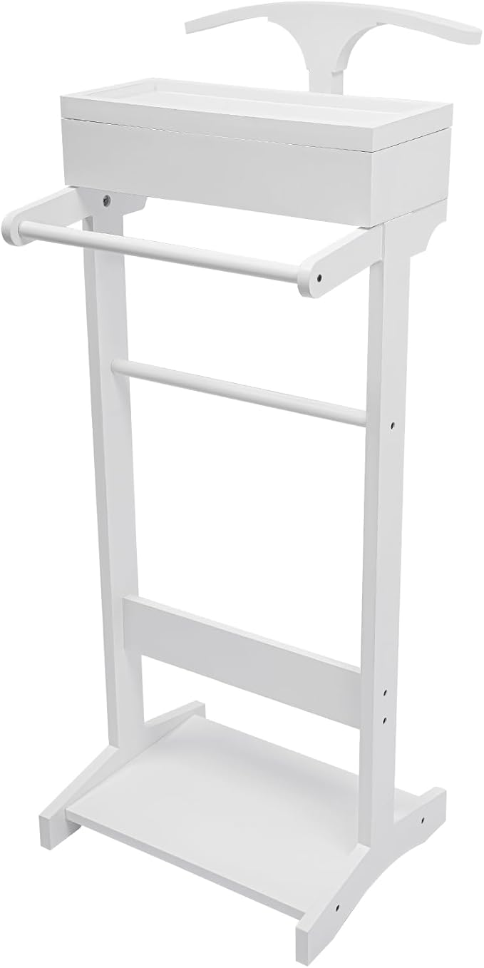 Gdrasuya10 Wood Suit Rack Suit Stand for Man and Women Clothes, Freestanding Valet Stands with Drawer & Holder for Entryway Office Living Room, 22 lbs Load, Space Saving (White)
