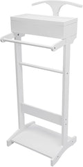 Wood Suit Rack, 22.05Lbs Capacity Freestanding Clothing Valet Stand Floorstanding Valet Stand Clothing Rack Organizer w/Shoe Shelf for Hallways Hotels Office & Shopping Malls (White)