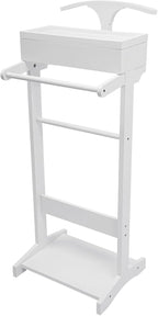 Wood Suit Rack for Men and Women, Freestanding Clothing Valet Stand with Drawer, Shoe Shelf and Hanging Suit, Valet Stands Coat Rack Suit Valet for Entryway Office Living Room (White)