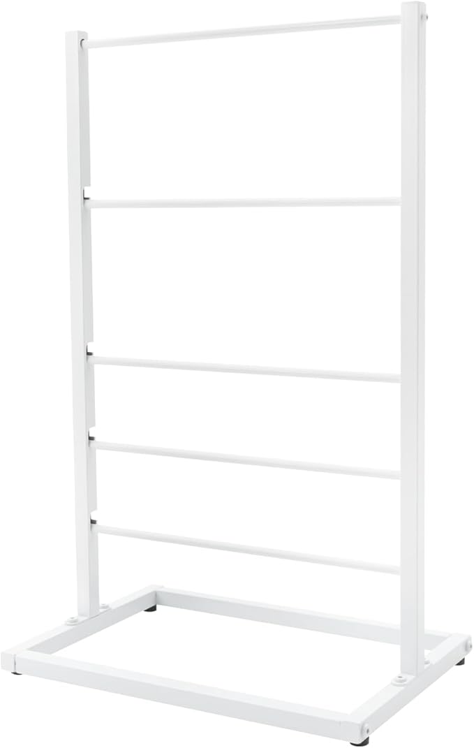 5-Tier Freestanding Ribbon Organizer Rack, White Metal Scarf Storage Display Stand for Craft Room, Gift Wrapping Paper Towel Hanger, Floor Standing Hanging Shelf for Home Store