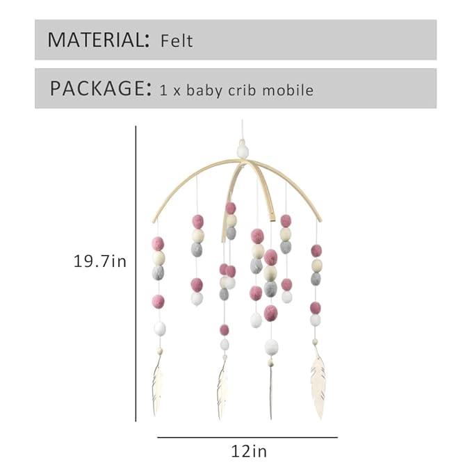 WAYUTO Neutral Handmade Felt Ball Ceiling Mobile - Deep-Pink Leaf Design