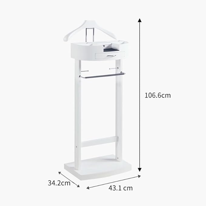 Suit Stands Butler Clothing Racks Wood Suit Valet Stand Clothes Rack with Base Floor Standing Suit Hanger Rack with Drawer, Top Tray,for Office Living Room Bed Room ﻿43X33.5X107CM(White)