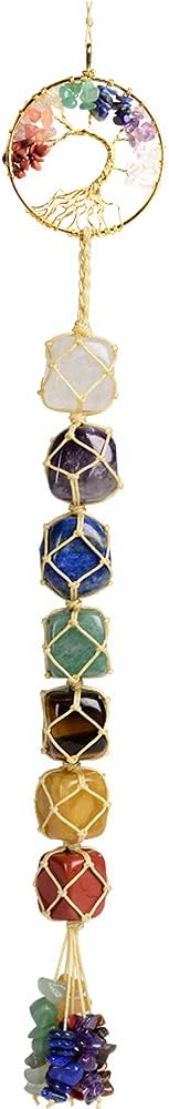 Handmade Crystal Window Car Hanging Ornaments 7 Chakra Home Decoration Feng Shui Ornament Yoga Meditation Car Decoration Tumbled Palm Stones (Tree of Life)