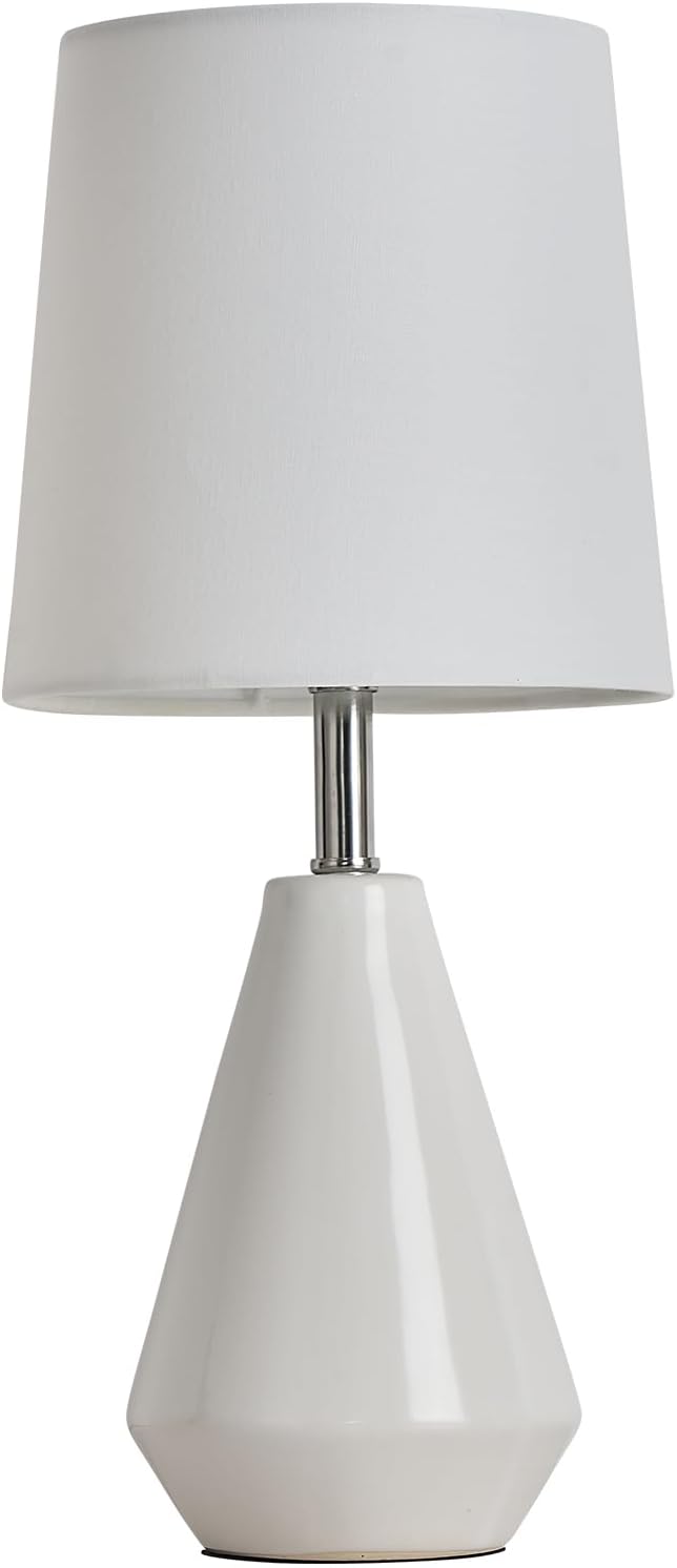 Small Bedside Table Lamp for Bedroom - Reading Desk Lamp with 3 Color Temperatures，15.5" Nightstand Ceramic Lamp with Fabric Shade for Kids Room,Living Room,Dorm,Home Office (White)