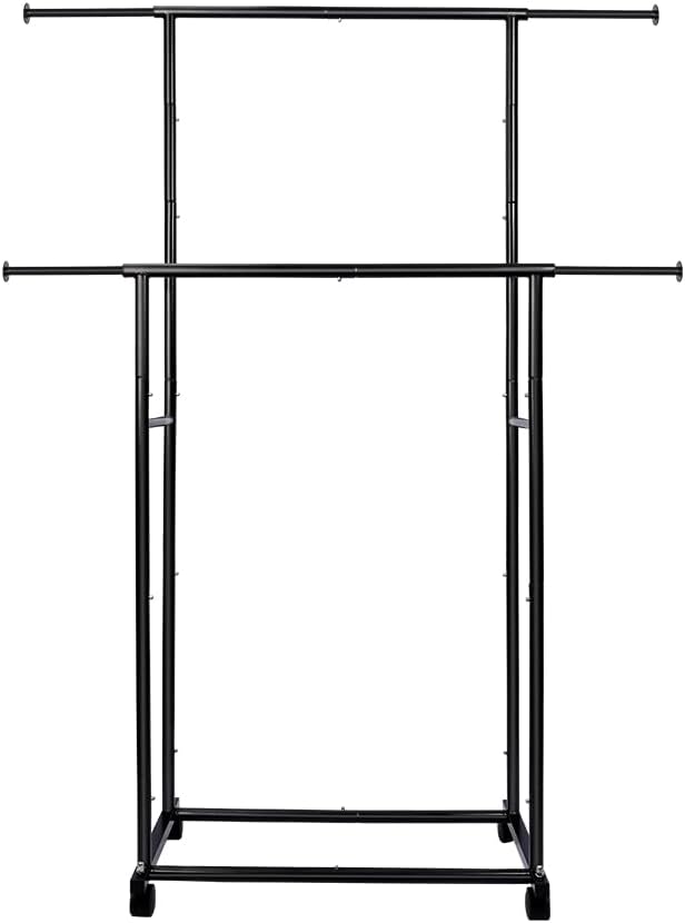 Fishat Black Simple Standard 2 Double Rod Clothing Metal Garment Rack for Hanging Clothes, Rolling Clothes Organizer with Mobile Lockable Wheels