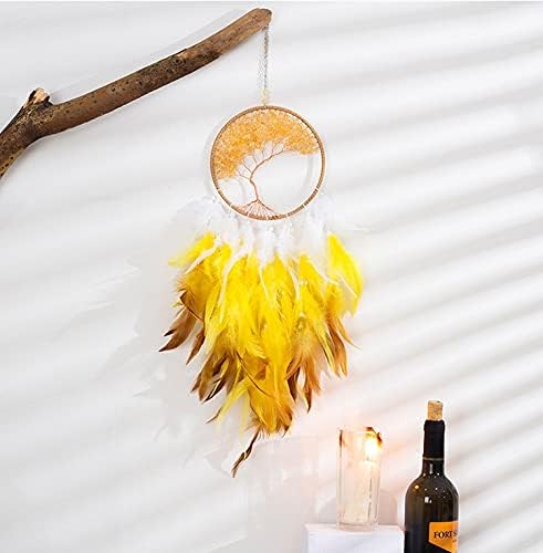 Fairy Gold Citrine Tree of Life Dream Catcher Wall Decor with Healing Crystal Stone Handmade Feather Dream Catchers Decoration Wall Hanging Ornaments for Bedroom Wedding Party Home Decor-25.6"