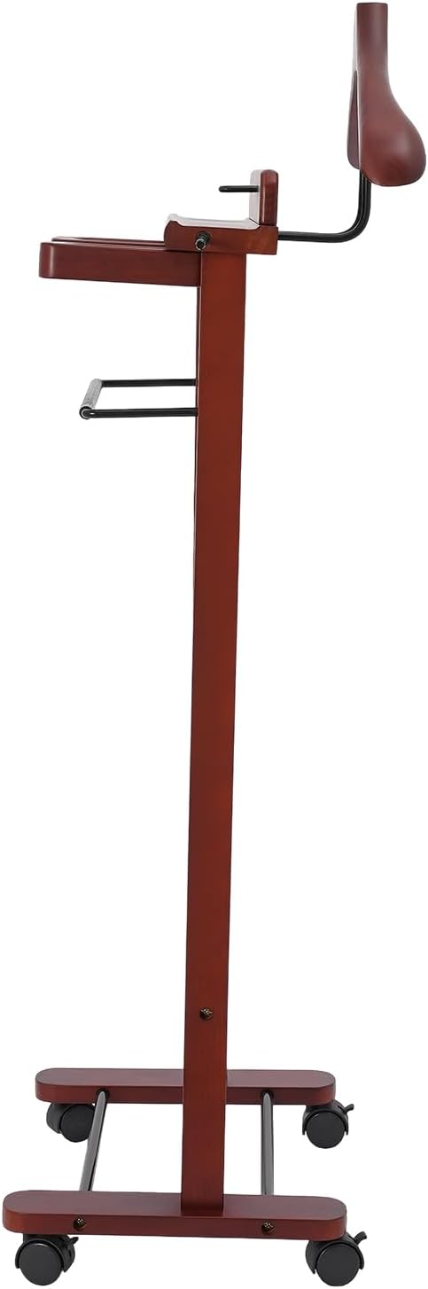 Wood Valet Suit Rack, Freestanding Vintage Garment Rack for Men Women, Heavy Duty Rolling Coat Stand, Valet Stand Clothing Suit Organizer for Entryway, Bedroom, Office(Reddish Orange)
