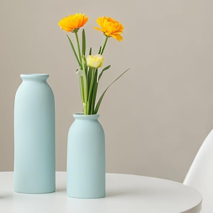 Ceramic Vase Set-3, Small Flower Vases for Decor, Modern Boho Farmhouse Style, Decorative Vases for Pampas Grass & Dried Flowers, Distressed Finish (Blue)