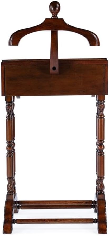 Pemberly Row Contemporary Clothing Valet Stand, 22" W x 17.5" D x 46.25" H, Rubberwood and Poplar Hardwood, Antique Cherry Finish, 2 Drawers, Decorative Legs, Bedroom or Office Wardrobe Display Piece