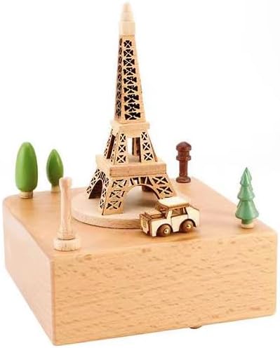 Natural Solid Wood Handcrafted Beech Wooden, Musical FigureTotoro/Carousel/Fairy/Ballerina Figurine,Rotating Hand Crank Mechanism Music Box,Musical Decorations (Eiffel Tower)