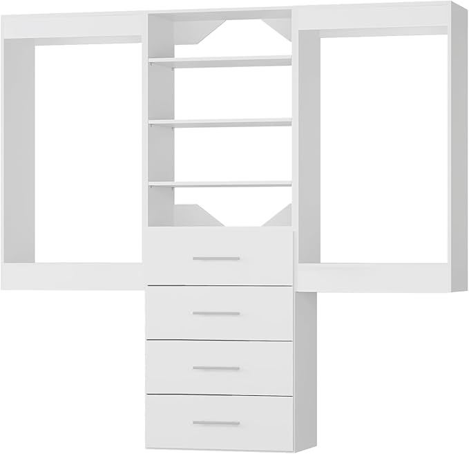 ROOMTEC Modular Closet System, 102" Wall-Mounted Closet Organizer with Drawers and Hanging Rods, Wooden Tower for Walk-In Closets, Wardrobe Storage Kit, White
