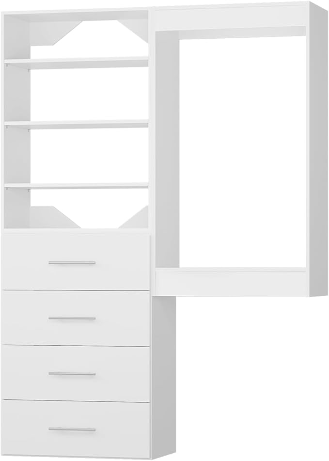 ROOMTEC Modular Closet System, 64" Wall-Mounted Closet Organizer with Drawers and Hanging Rods, Wooden Tower for Walk-In Closets, Wardrobe Storage Kit, White