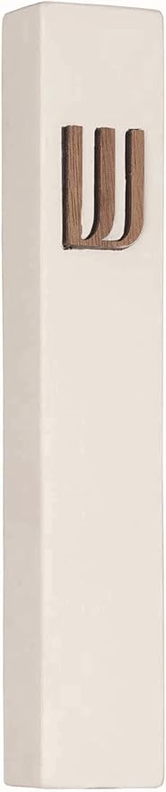 A&S Mezuzot Modern Concrete Mezuzah Case with Scroll, Easy Peel and Stick Mezuza (Ivory+ Wood Shin, 6 Inches)