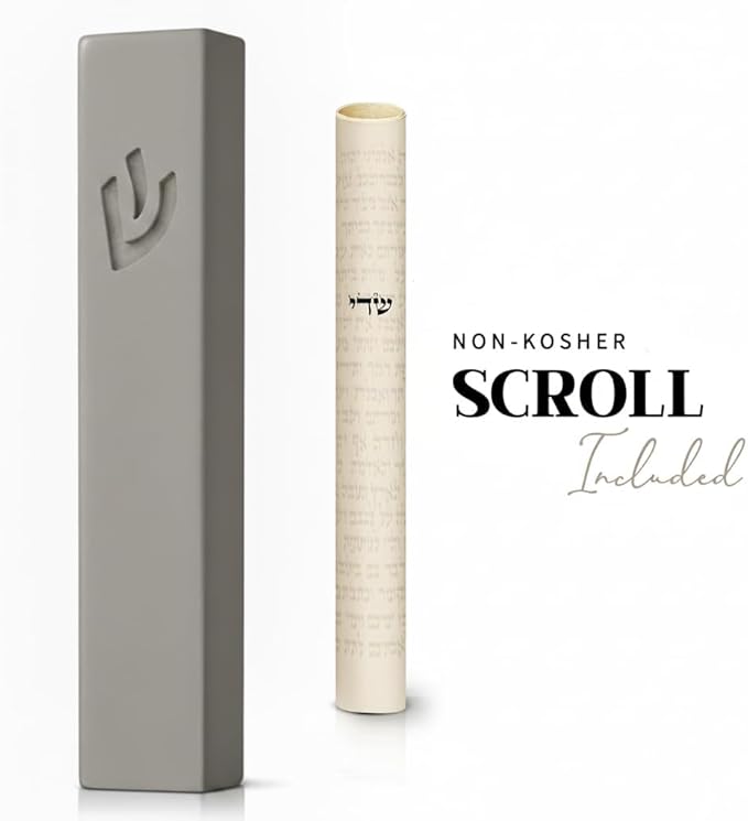 SURI Mezuzah for Door – 6 Inch Light Gray Concrete Mezuzah Case with Printed Scroll, Self-Stick Jewish Entry Design, Fits a 5 Inch Scroll, Gift Box Included