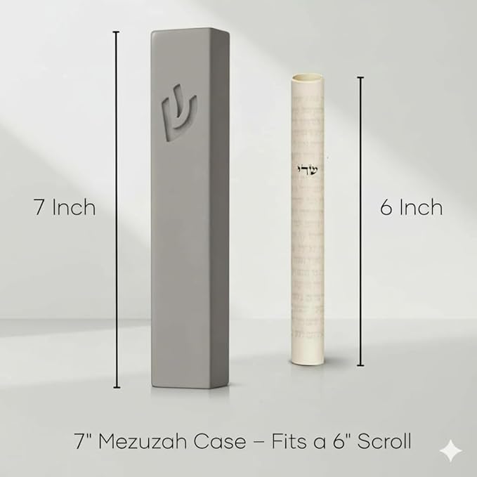 SURI Mezuzah for Door – 7 Inch Light Gray Concrete Mezuzah Case with Printed Scroll, Self-Stick Jewish Entry Design, Fits a 6 Inch Scroll, Gift Box Included