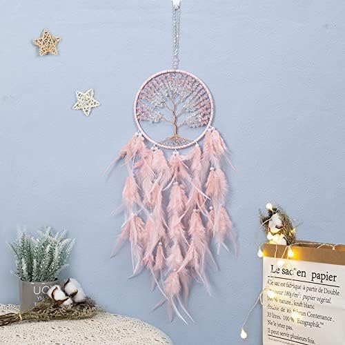 Pretty Jolly Pure Pink Tree of Life Dream Catcher Wall Decor with Healing Crystal Stone Handmade Feather Dream Catchers Decoration Wall Hanging Bedroom Living Room Wedding Party Home Decor-25.6"