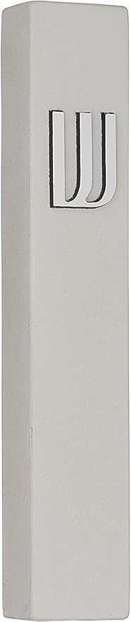 A&S Mezuzot Modern Concrete Mezuzah Case with Scroll, Easy Peel and Stick Mezuza (Grey+ Silver Shin, 5 Inches)