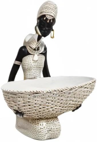 Lescafita Ivory White African Seated Woman Statue - Serene Tribal Figure with Crystal Earrings, Minimalist Resin Home Decor for Shelves/Desks (9" H)
