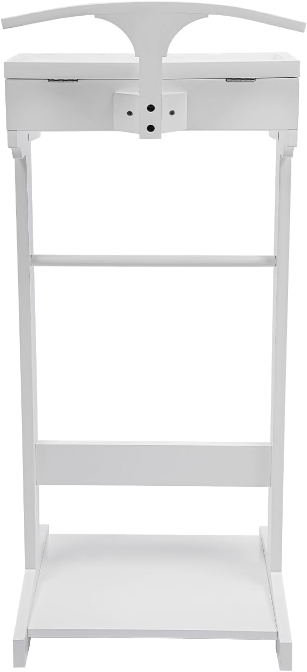 Valet Stand for Men and Women, Wood Suit Rack, Freestanding Coat Stand, Valet Stand Clothing Rack Organizer, Contour Hanger, Trouser Bar, Tie & Belt Hooks for Entryway, Bedroom, Office (White)