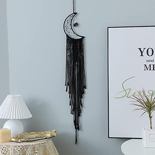 MOONFLY Black Moon Dream Catcher with Handmade Crystal Stone Design Woven Cotton Boho Macrame Wall Hanging Home Decoration Ornament Craft Gift(Black Crystal Stone Moon)