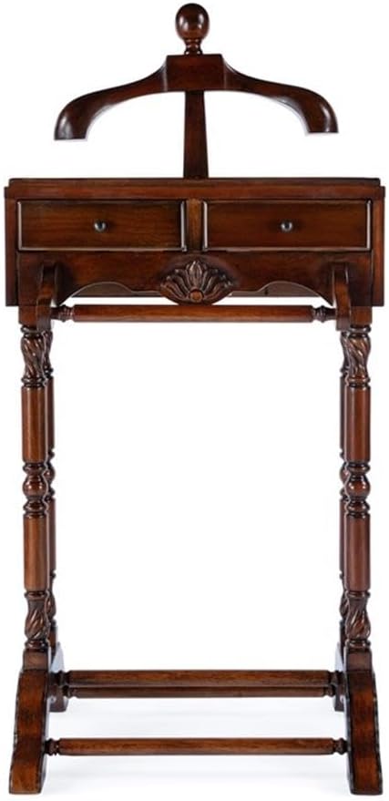 Pemberly Row Contemporary Clothing Valet Stand, 22" W x 17.5" D x 46.25" H, Rubberwood and Poplar Hardwood, Antique Cherry Finish, 2 Drawers, Decorative Legs, Bedroom or Office Wardrobe Display Piece
