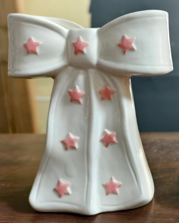 White Bow Vase, White and Pink Flower Vase for Home Decor, Ceramic Vases for Boho Style, Large Cute Vases for Ideal Shelf Decor/Table/Living Room. (Pink 3, Large)