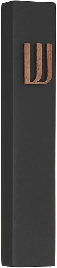 A&S Mezuzot Modern Concrete Mezuzah Case with Scroll, Easy Peel and Stick Mezuza (Black+ Wood Shin, 5 Inches)