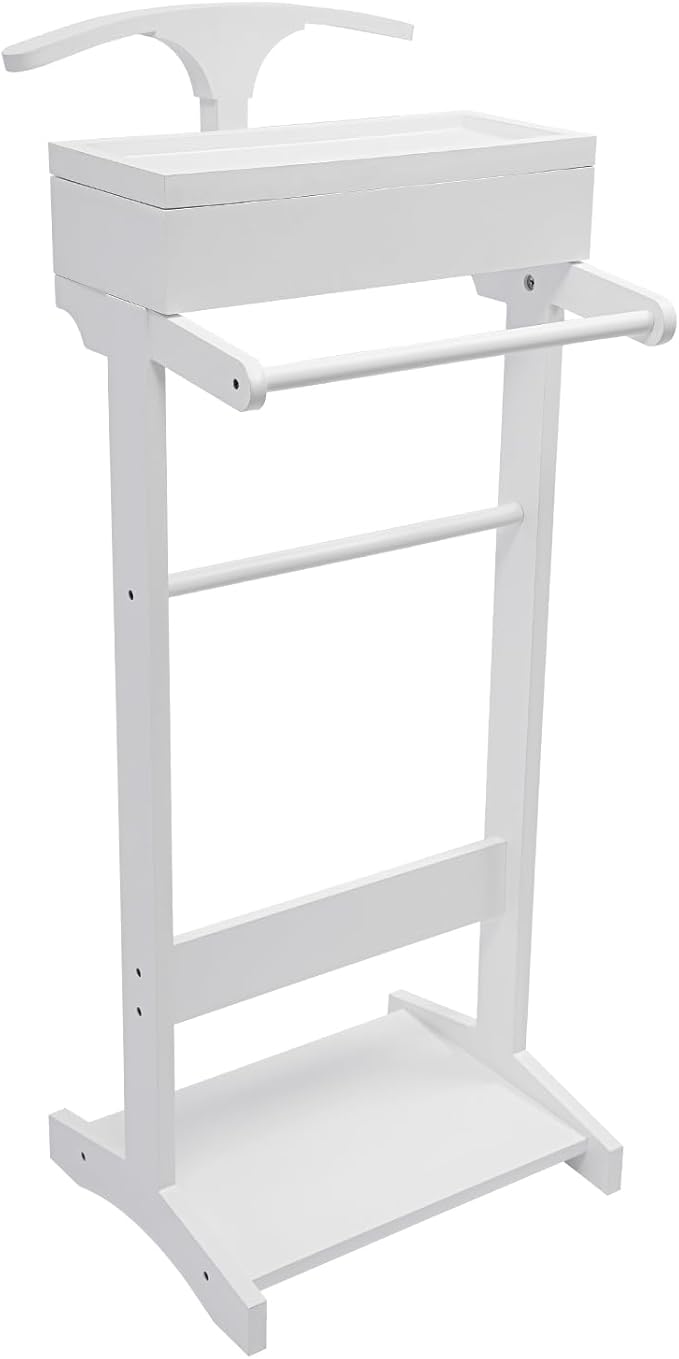 Suit Valet Stands with Drawer & Trouser Holder - Freestanding Wood Suit Rack for Clothes, Hats, Bags | MDF & Solid Wood, 22 lbs Capacity, Space Saving (White)