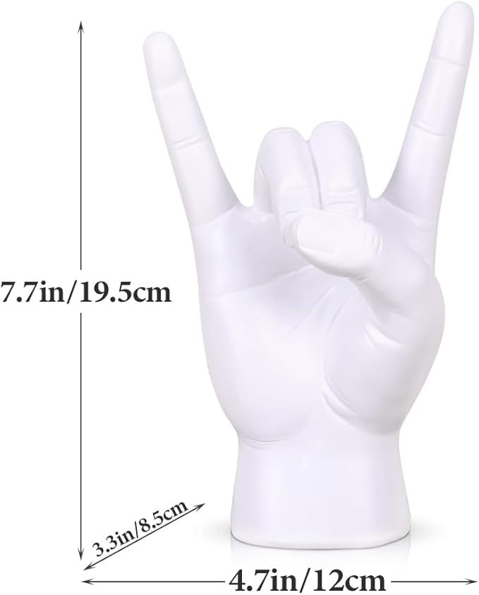QIANLING 7.7" White Resin Rock On Hand Gesture Statue - Rock Culture Music Lovers' Decorative Tabletop Sculpture for Bookshelf, Desk & Mantel Decor in Home or Office, Modern Symbolic Figurine
