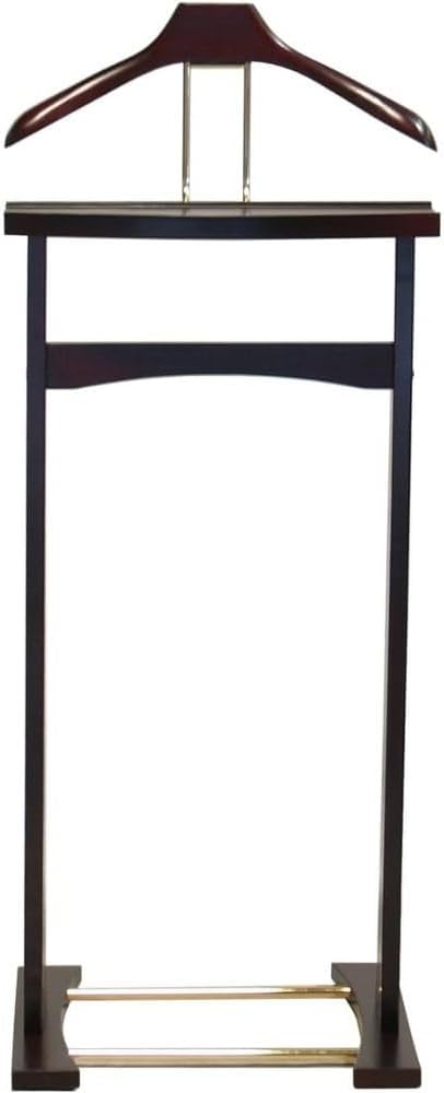 Wooden Suit Valet Stand with Top Tray Contour Hanger Trouser Bar and Shoe Rack Classic Freestanding Clothing Organizer for Bedroom Closet Entryway, Dark Mahogany