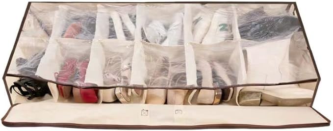 Men/Adults 12 Cells See Through Underbed Shoe Storage Bag Organizer with black and white flower (beige)