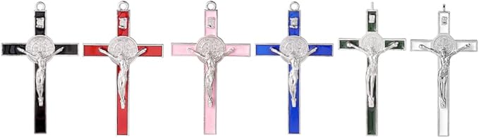 VINETEN Crucifix - Saint Benedict Crucifix Wall Cross Give Blessing and The Spiritual Sacred Pink Enamel Wall Cruciifx for Girl 5 Inch