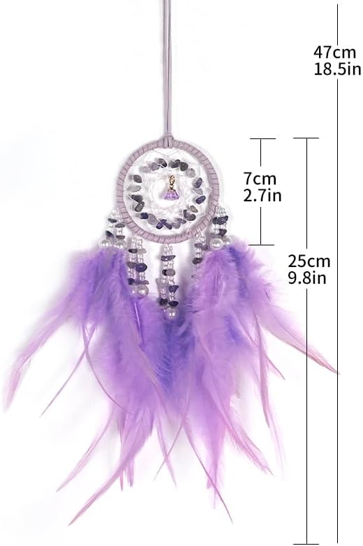 Mini Lotus Dream Catcher for Car Rearview Mirror, Handmade Boho Car Hanging Charm, Black Feather & Crystal Car Mirror Decor, Auto Interior Ornament for Women(Purple)