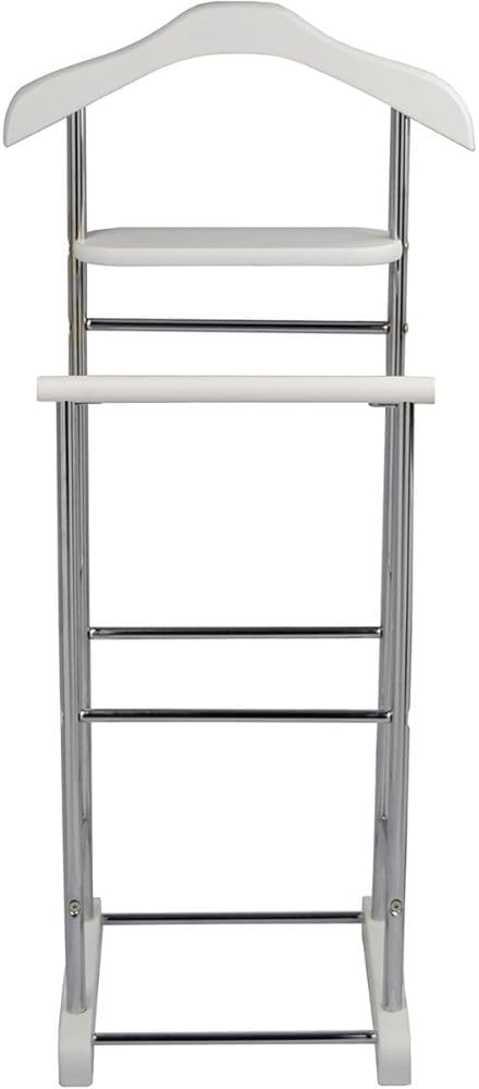 White Wooden Twin Valet Stand with Hanger Trouser Bar Tie Belt Holder Storage Tray Clothes Organizer for Bedroom Office Closet Space Saving Wardrobe Rack for Unisex