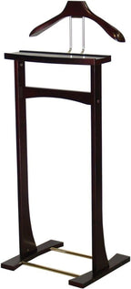 Wooden Suit Valet Stand with Top Tray Contour Hanger Trouser Bar and Shoe Rack Classic Freestanding Clothing Organizer for Bedroom Closet Entryway, Dark Mahogany