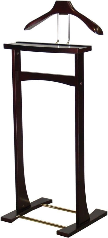Wooden Suit Valet Stand with Top Tray Contour Hanger Trouser Bar and Shoe Rack Classic Freestanding Clothing Organizer for Bedroom Closet Entryway, Dark Mahogany